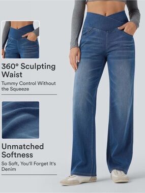Halara Flex™ Crossover High Waisted Tummy Control Casual Straight Leg Jeans LGT